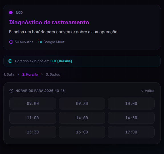 Etapa de escolha de horário na Agenda, com horários fictícios em BRT para um diagnóstico demonstrativo; reserva ainda não concluída.