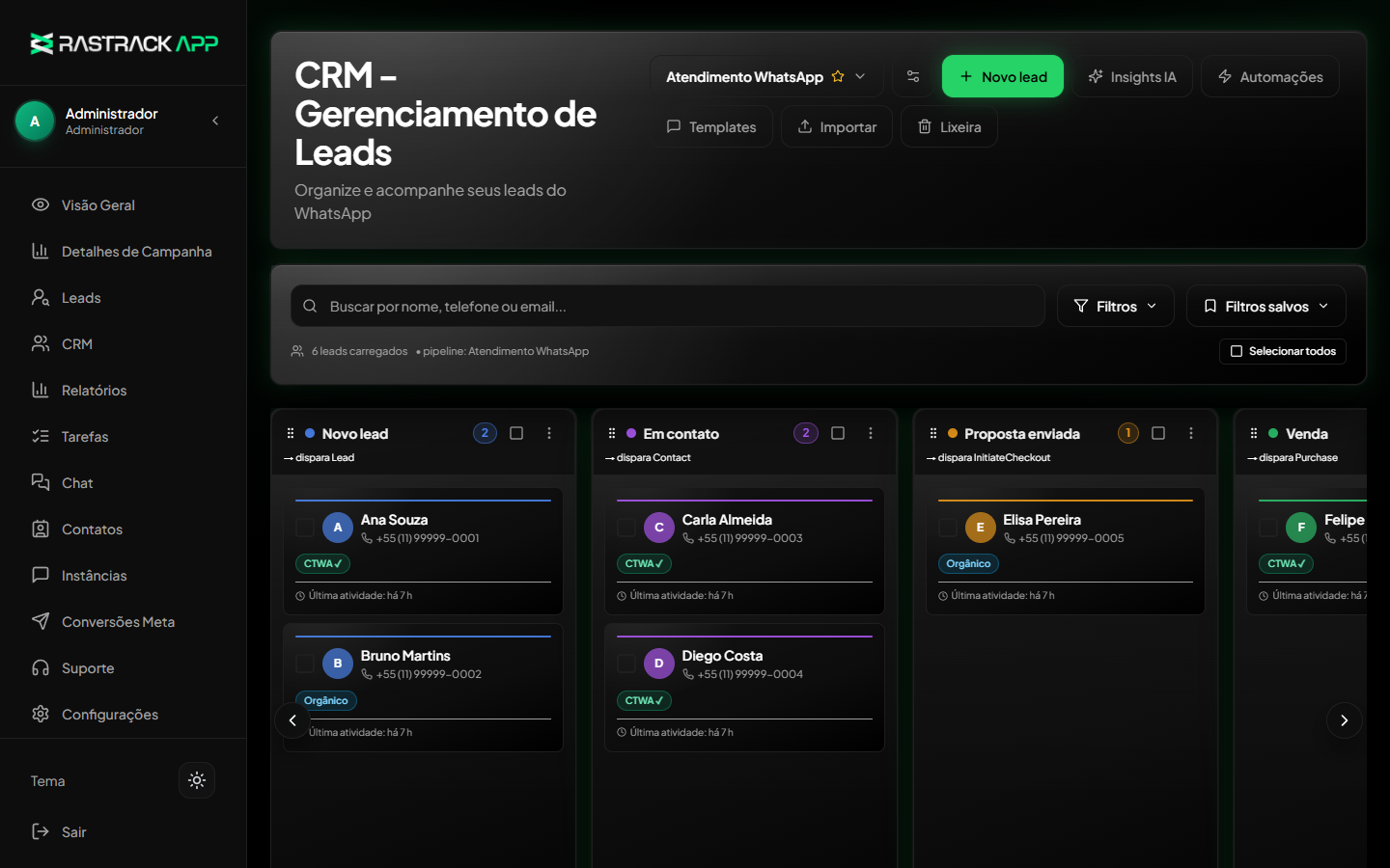 CRM do RASTRACK App em tema escuro, com seis leads fictícios distribuídos em quatro etapas do Kanban.