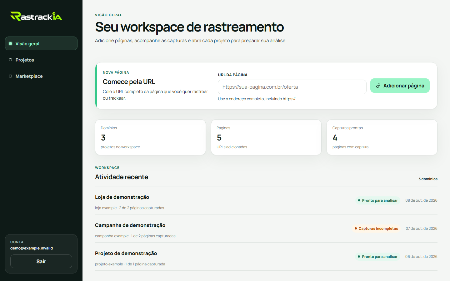 Dashboard demonstrativo do RastrackIA com URLs e contagens fictícias; não comprova script instalado.